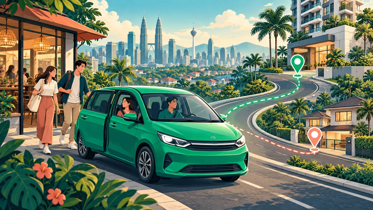 クアラルンプールの街で友達と1台の車に乗り、それぞれの自宅へ帰るイメージイラスト