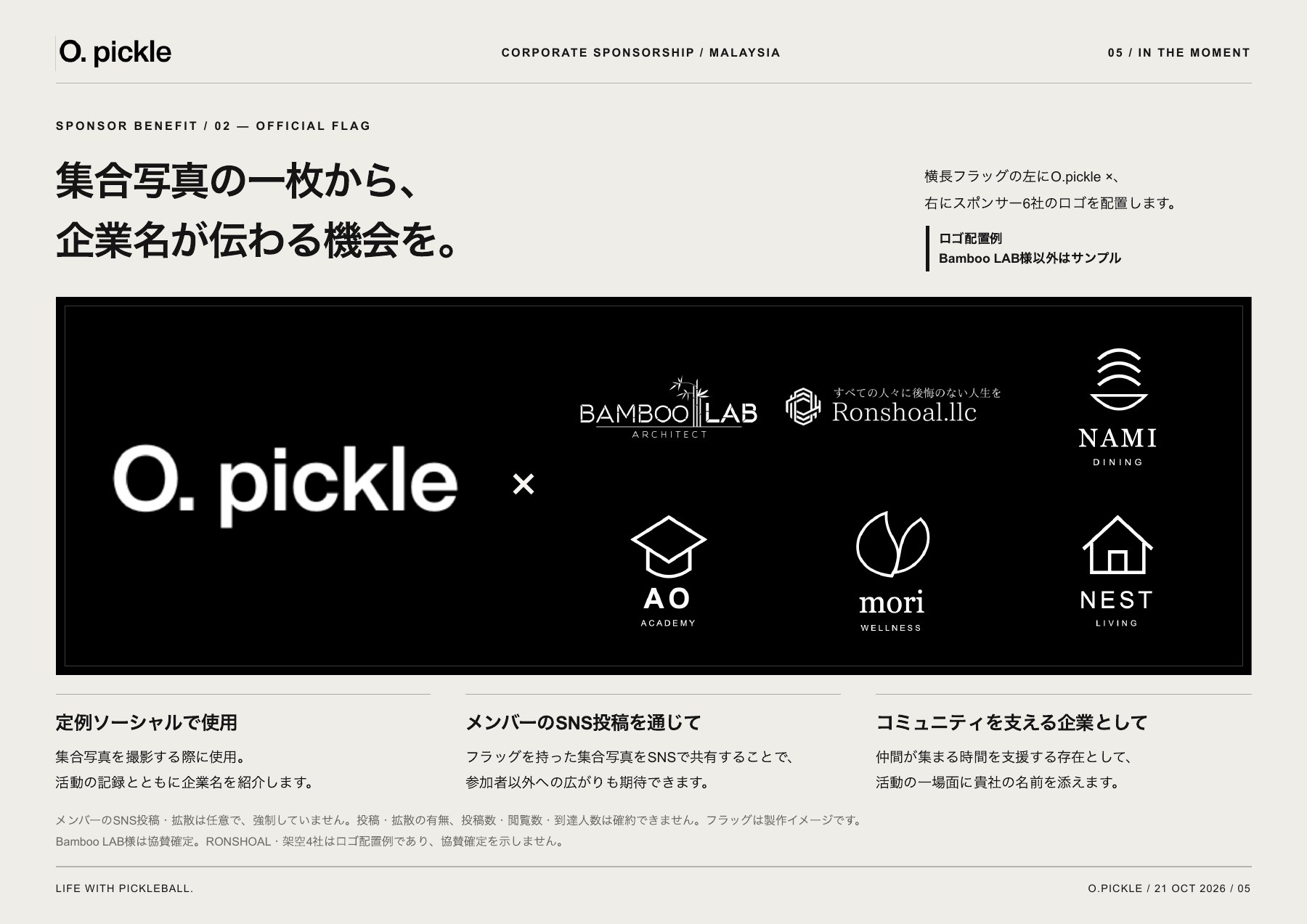 スポンサー募集資料 5ページ目:公式フラッグとSNS