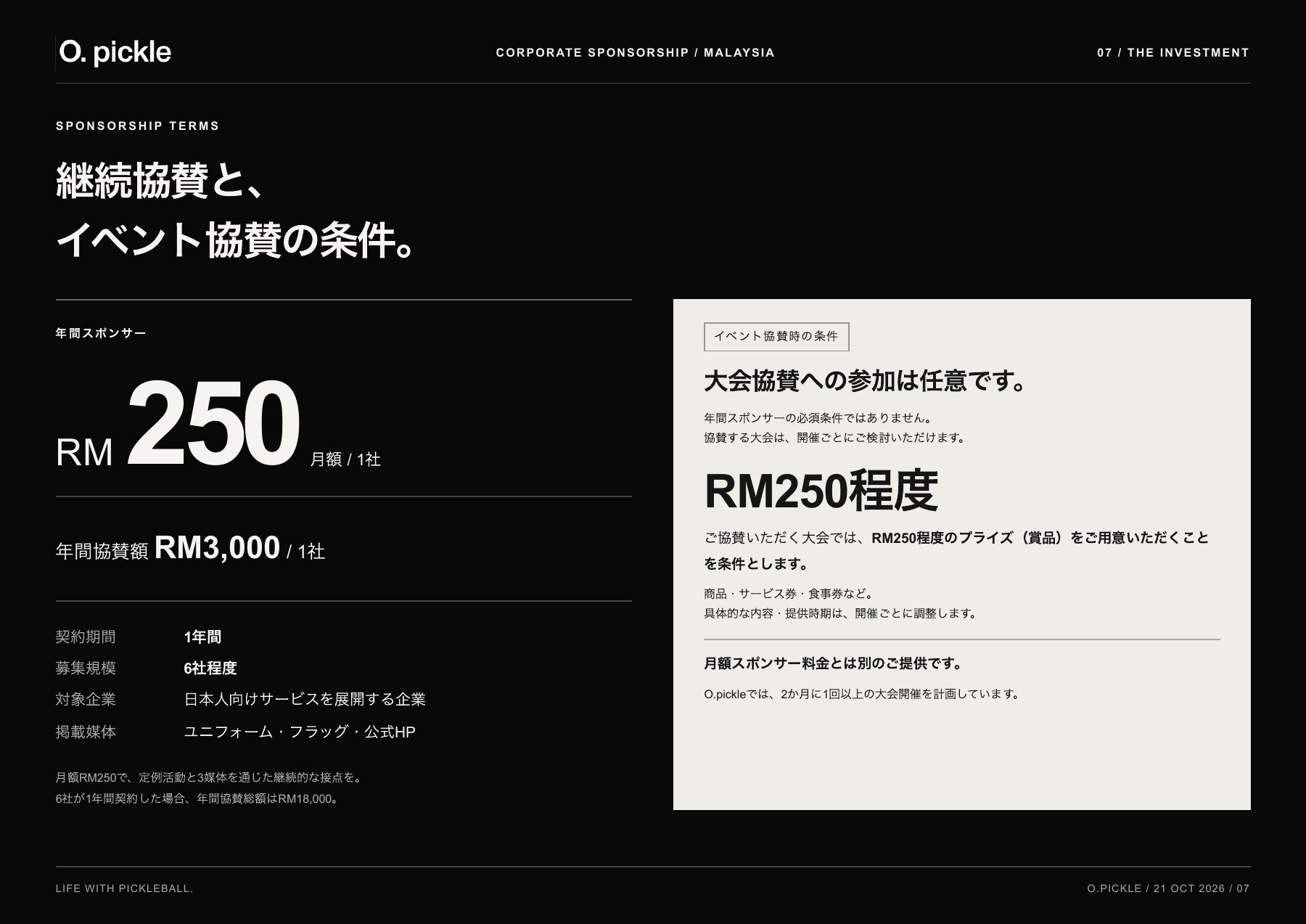 スポンサー募集資料 7ページ目:料金と大会協賛の条件